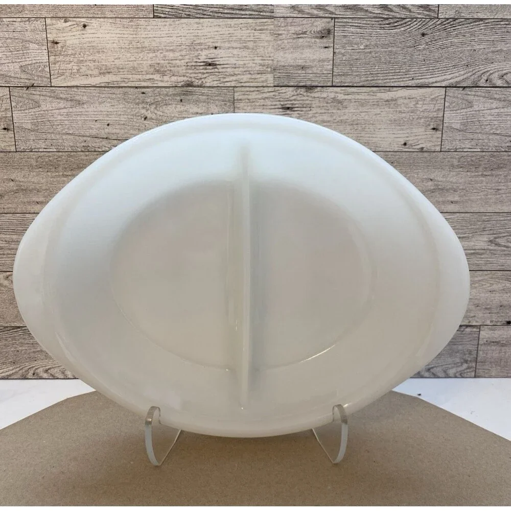 Vintage GLASBAKE White Milk Glass Oval Divided Baking Serving Dish J-2352 USA
